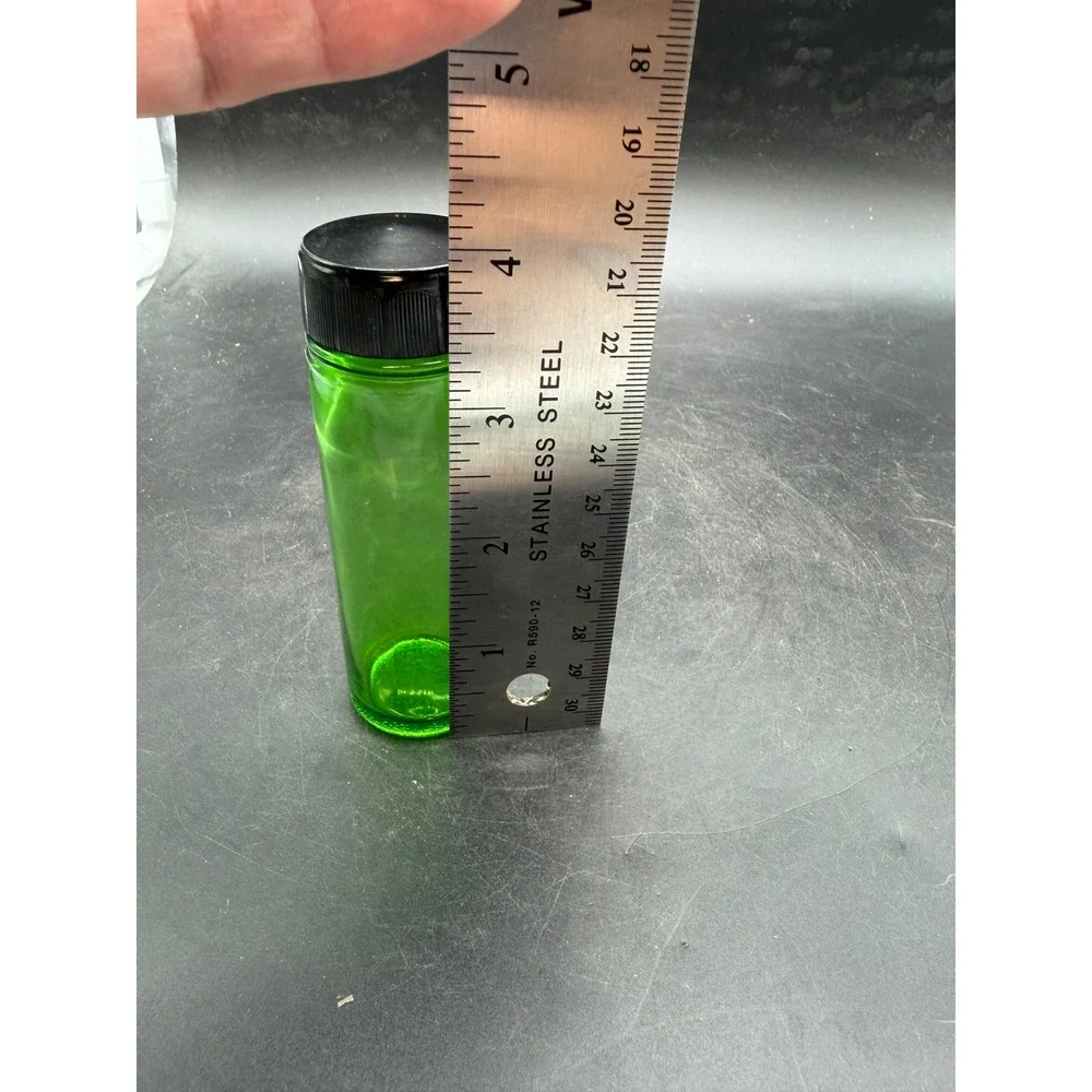 Vintage Emerald Green Glass Apothecary Jar Vial with Black Screw Lid 4 inch